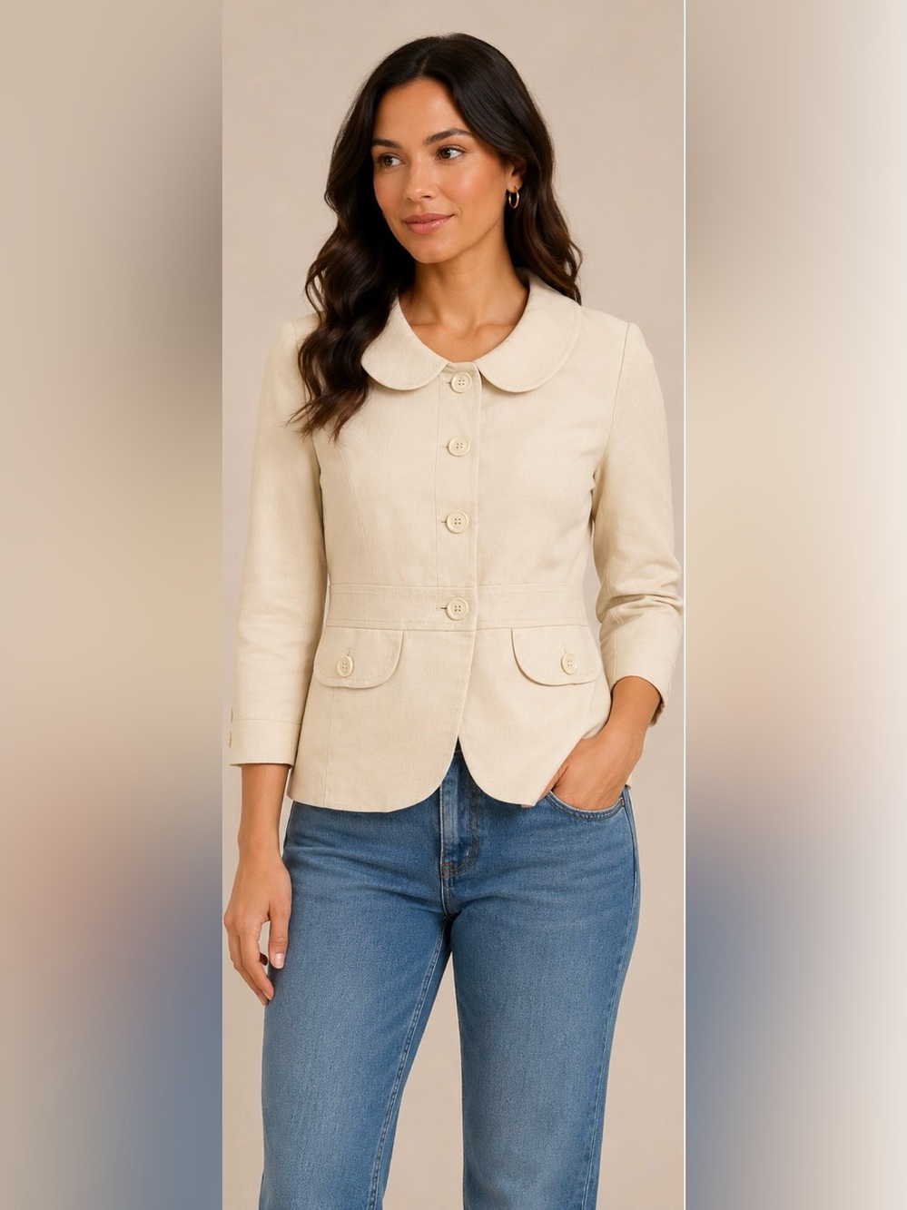 NY & Co. Petite Linen Blend Peter Pan Collar Blazer Jacket Cream Size 8